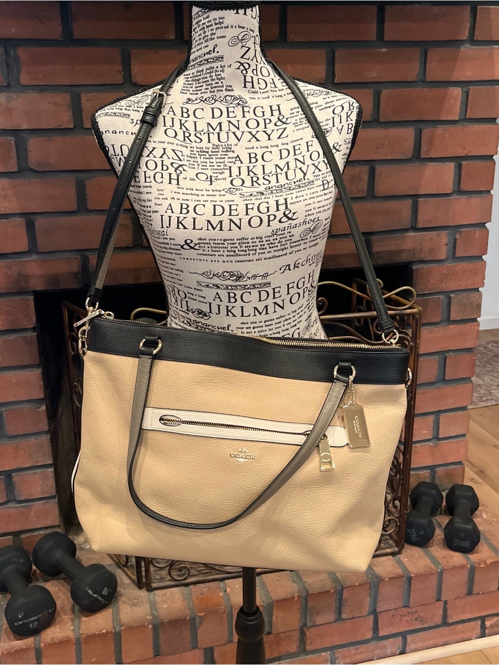 Coach Tyler Beige and Black Leather Zip-Top Tote with Gold Hardware